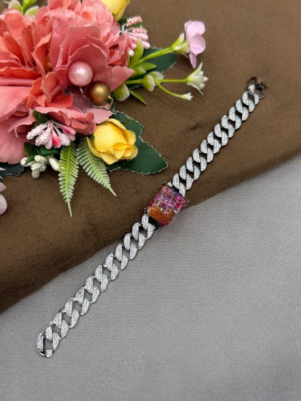 MULTI COLOUR STONE WITH SILVER POLISH BRACELET FOR WOMEN