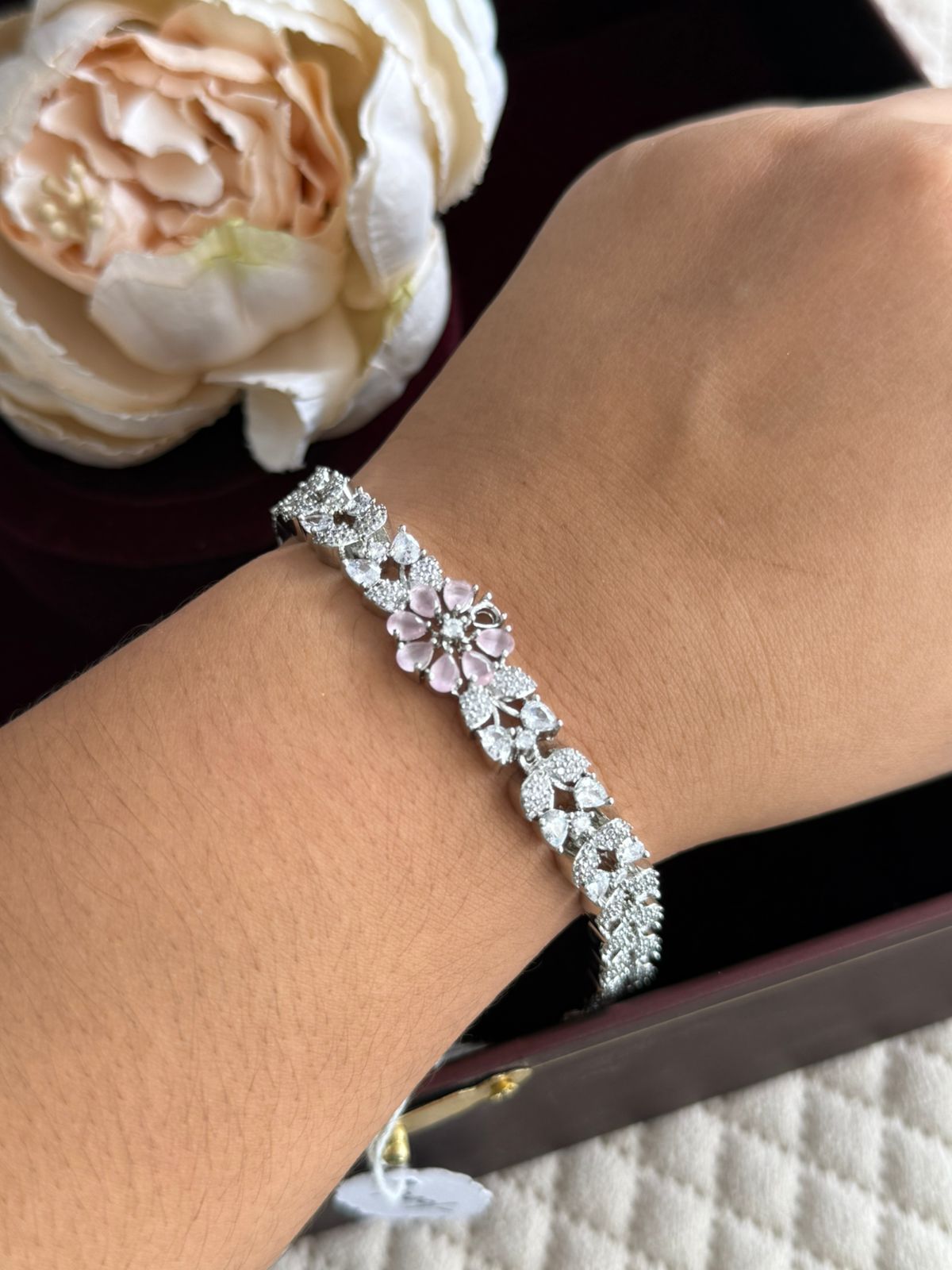 MINT PINK COLOUR WITH SILVER AMERICAN DIAMOND BRACELET
