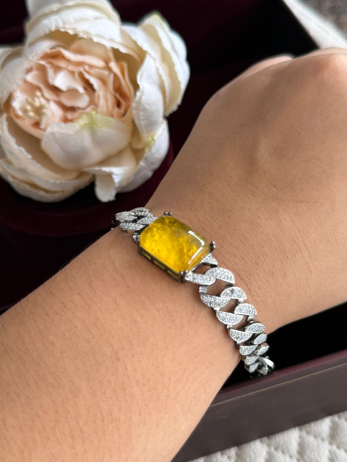 YELLOW CZ STONE WITH SILVER POLISH CHAIN BRACELET FOR WOMEN
