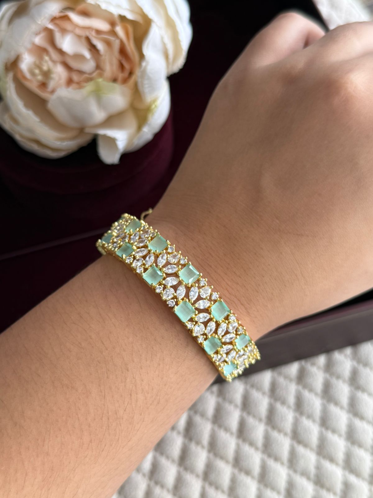 GOLDEN PLATED WITH MINT GREEN CZ STONE DIAMOND BRACELET