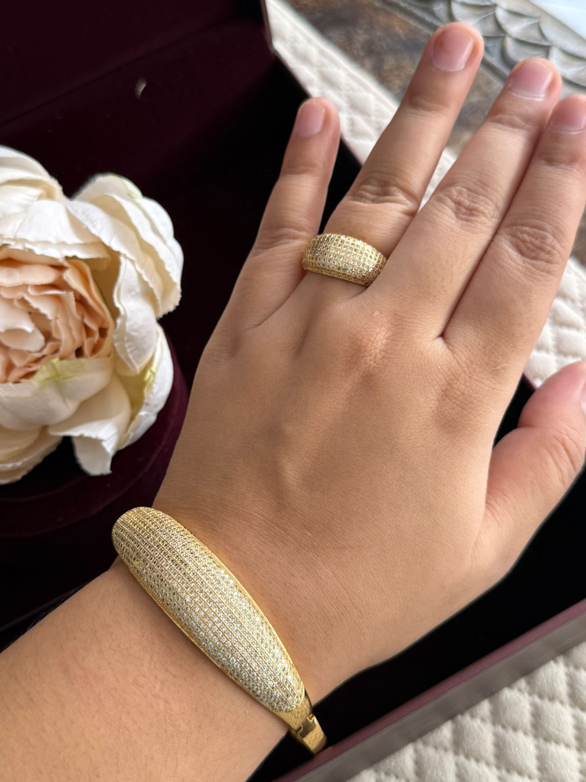 GOLDEN POLISH BRACELET AND RING COMBO FOR WOMEN