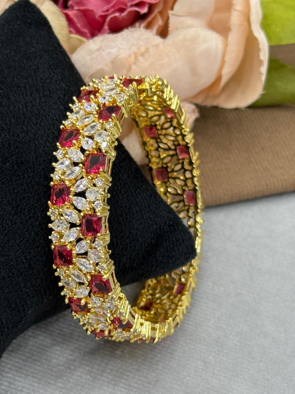 GOLDEN PLATED WITH  REDAND  CZ STONE DIAMOND BRACELET