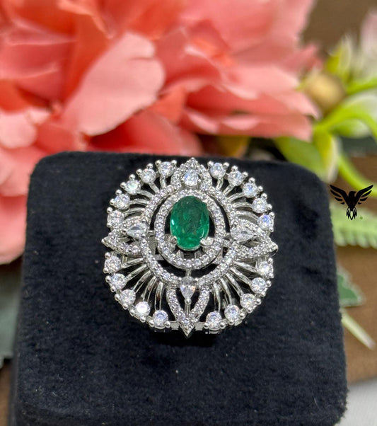 ELEGANT GREEN CZ STONE WITH SILVER POLISH RING FOR WOMEN