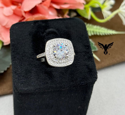 CLASSIC DOUBLE HALO SILVER POLISH RING WITH CZ STONE