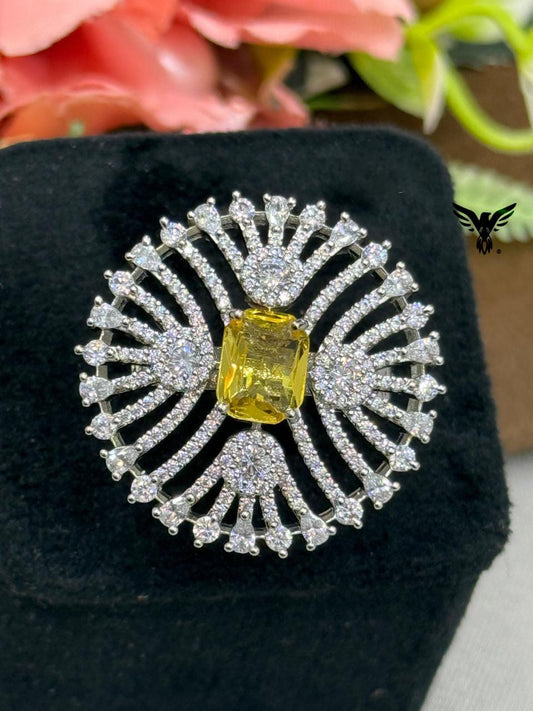 UNIQUE YELLOW CZ STONE WITH SILVER POLISH RING FOR WOMEN