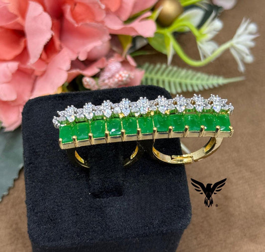 BEAUTIFUL TWO FINGER GREEN RING FOR WOMAN WITH CZ STONE