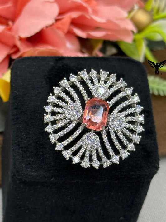 UNIQUE MINT PINK CZ STONE WITH SILVER POLISH RING FOR WOMEN