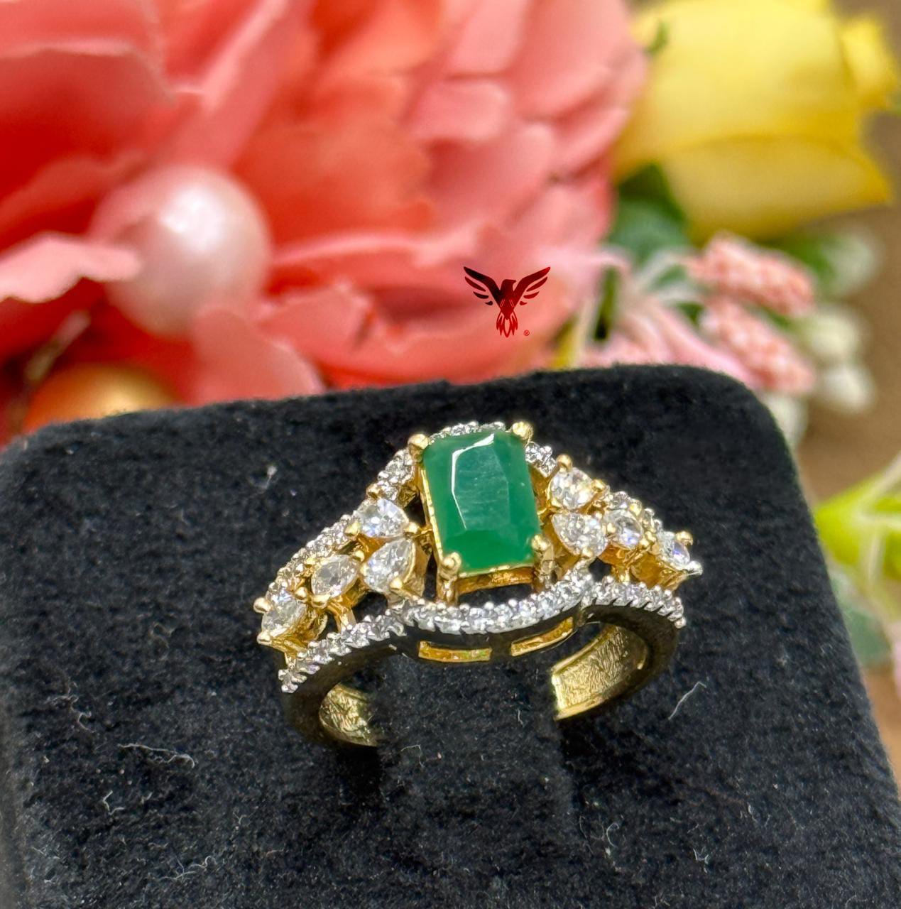 GOLDEN POLISH WITH GREEN STONE AND CZ RING FOR WOMEN