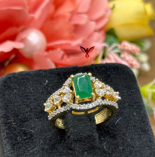 GOLDEN POLISH WITH GREEN STONE AND CZ RING FOR WOMEN
