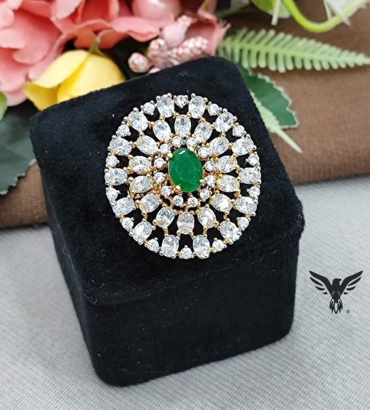 GREEN STONE WITH ROUND SHAPE RING WITH CZ STONE