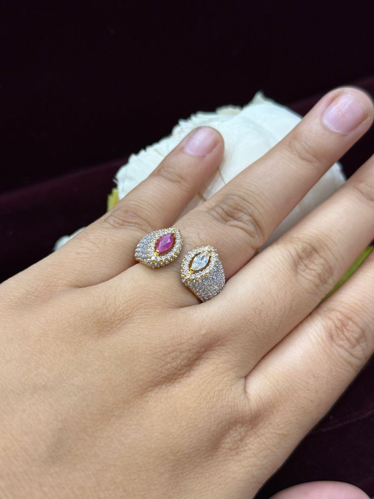 UNIQUE SHAPE WITH GOLDEN POLISH PINK & WHITE STONE RING