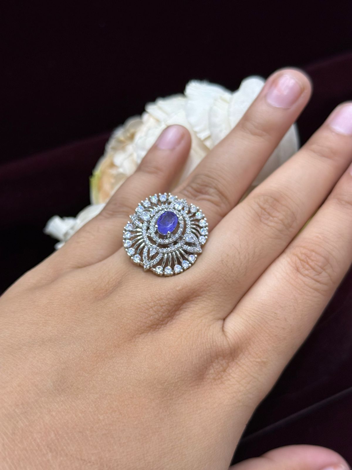 ELEGANT PURPLE CZ STONE WITH SILVER POLISH RING FOR WOMEN