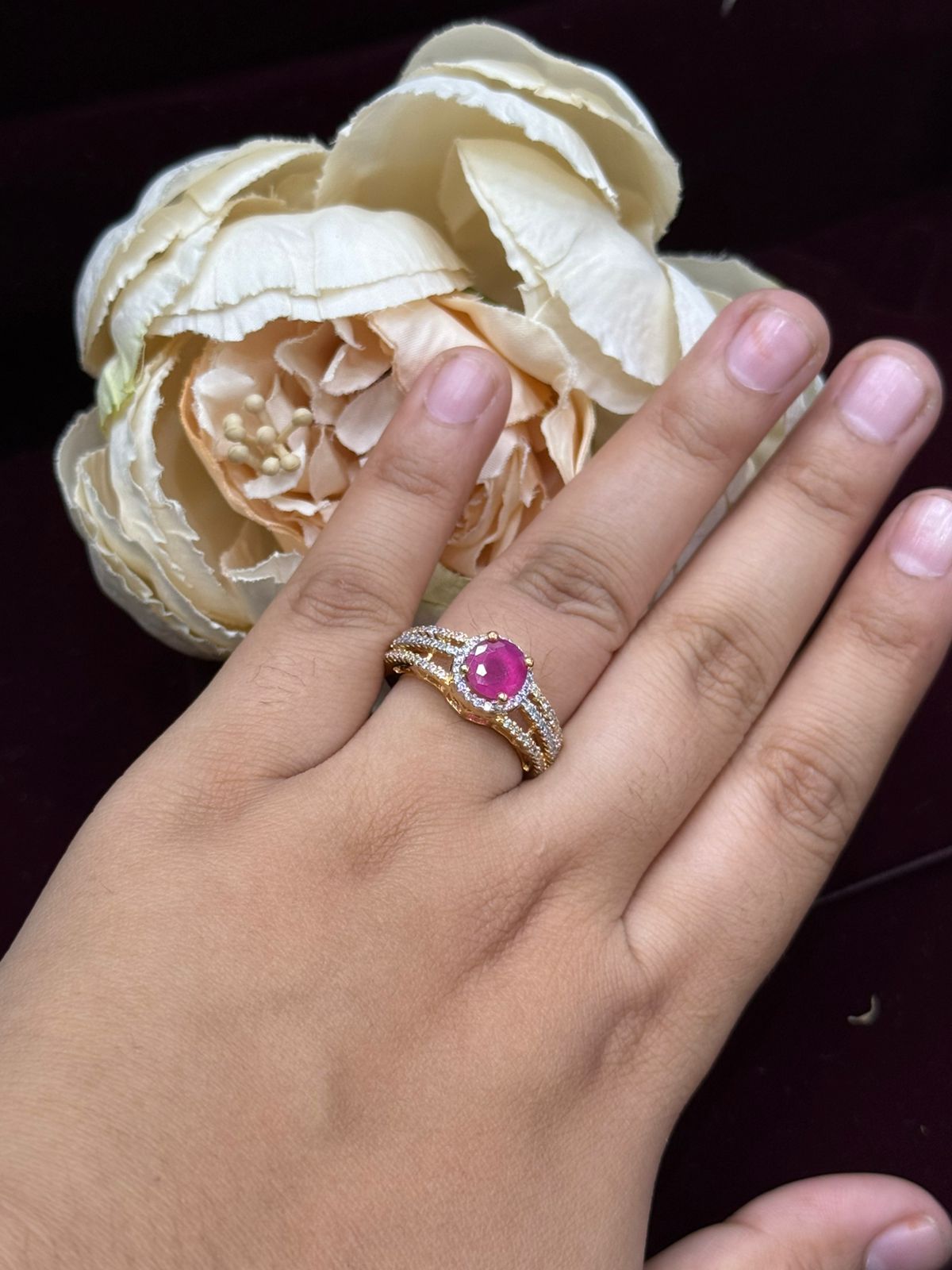 BEAUTIFUL PINK CZ STONE WITH GOLDEN POLISH RING FOR WOMEN