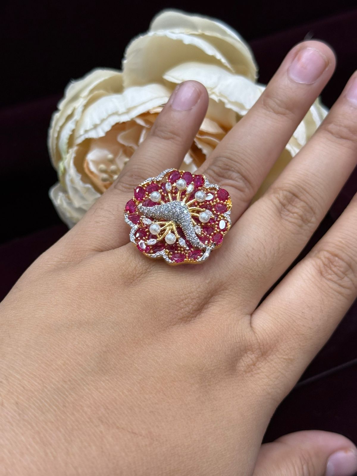 UNIQUE RED CZ STONE WITH FLOWER SHAPE RING