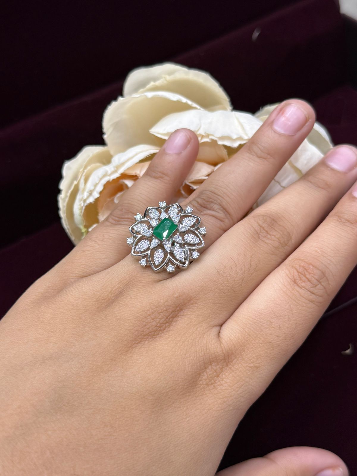 UNIQUE GREEN CZ STONE RING WITH SILVER POLISH FOR WOMEN