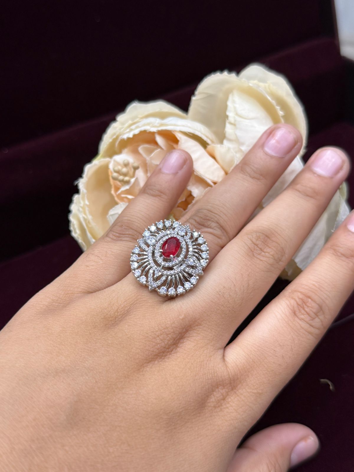 ELEGANT RED CZ STONE WITH SILVER POLISH RING FOR WOMEN