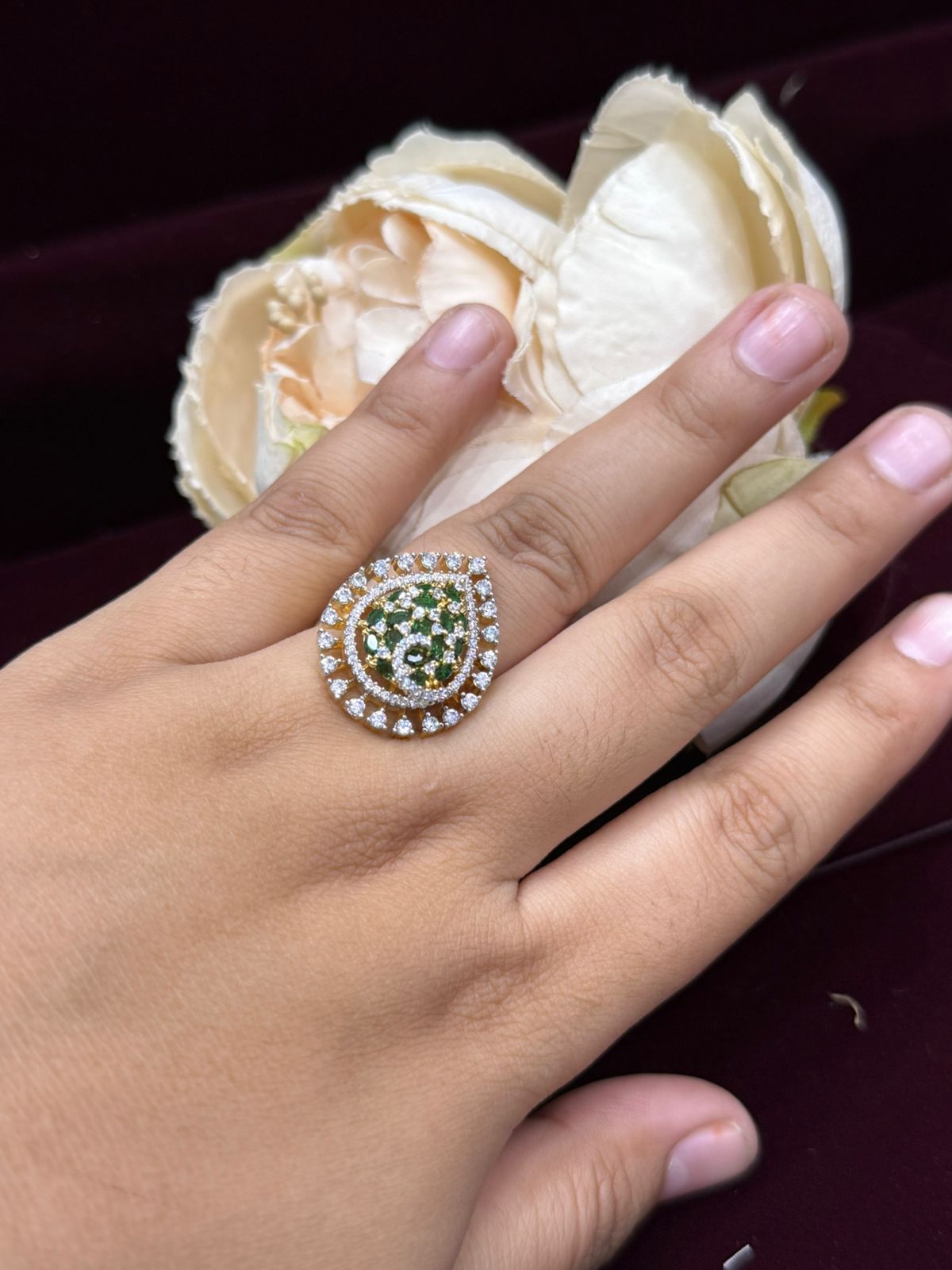 LEAF SHAPE GREEN CZ STONE WITH GOLDEN POLISH RING FOR WOMEN