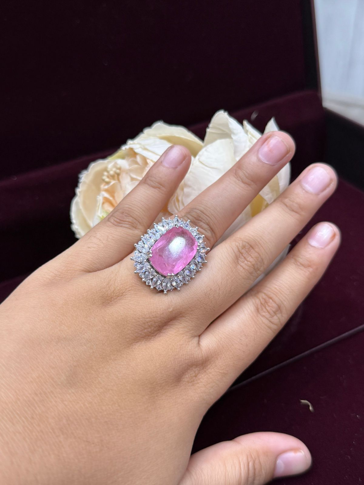 DOUBLET STONE SIDE CZ WITH SILVER POLISH RING FOR WOMEN
