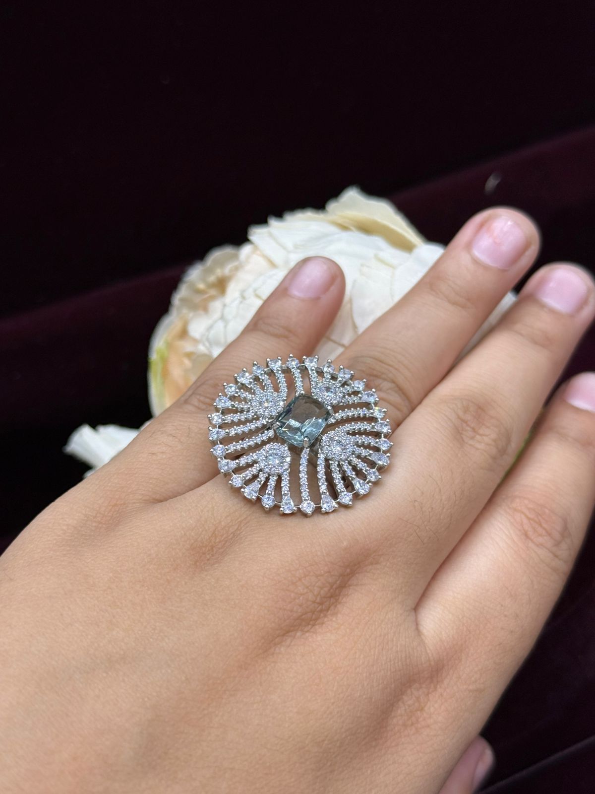 UNIQUE BLACK CZ STONE WITH SILVER POLISH RING FOR WOMEN