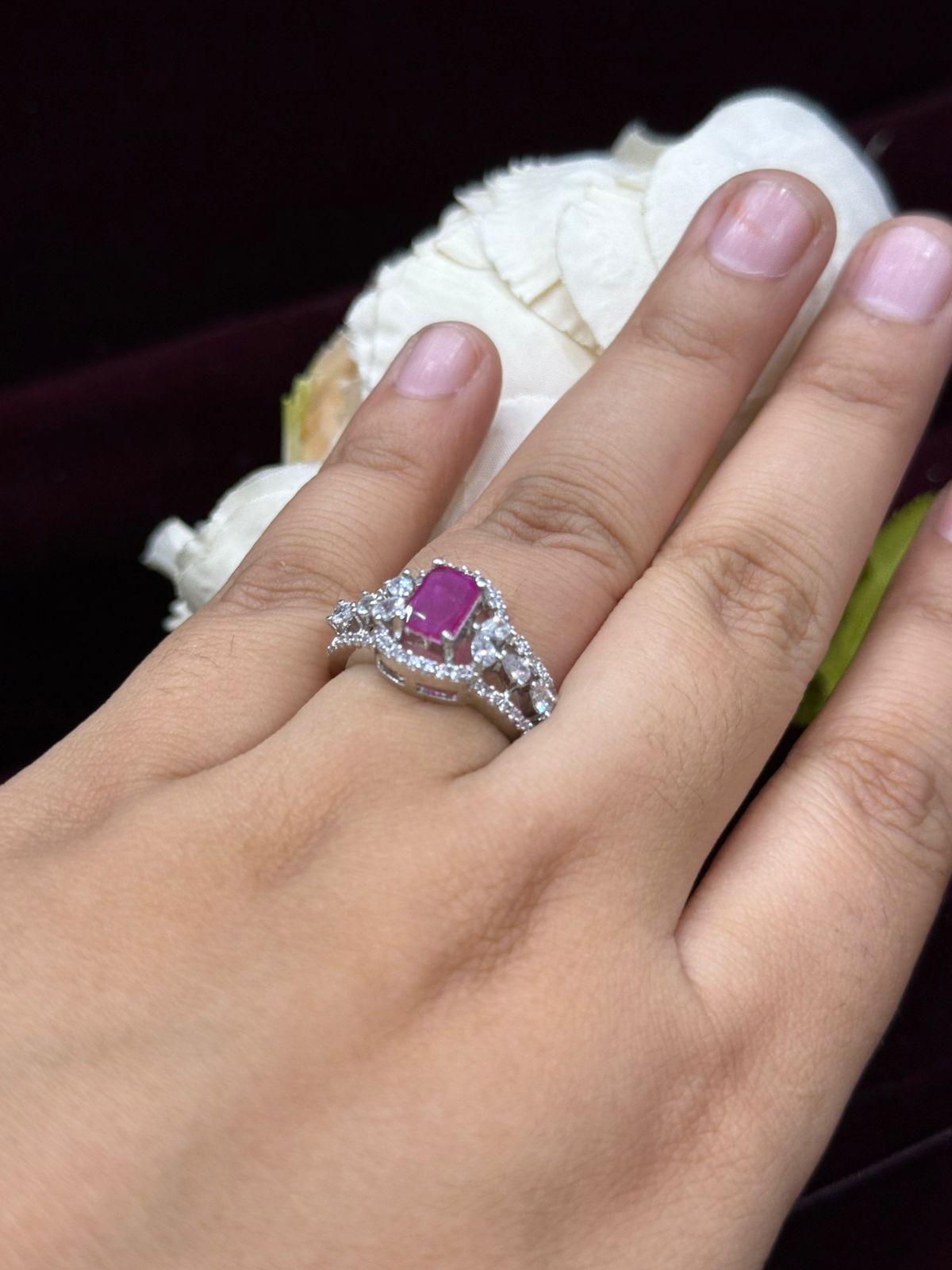 PINK CZ STONE DIAMOND WITH SILVER POLISH RING FOR WOMAN
