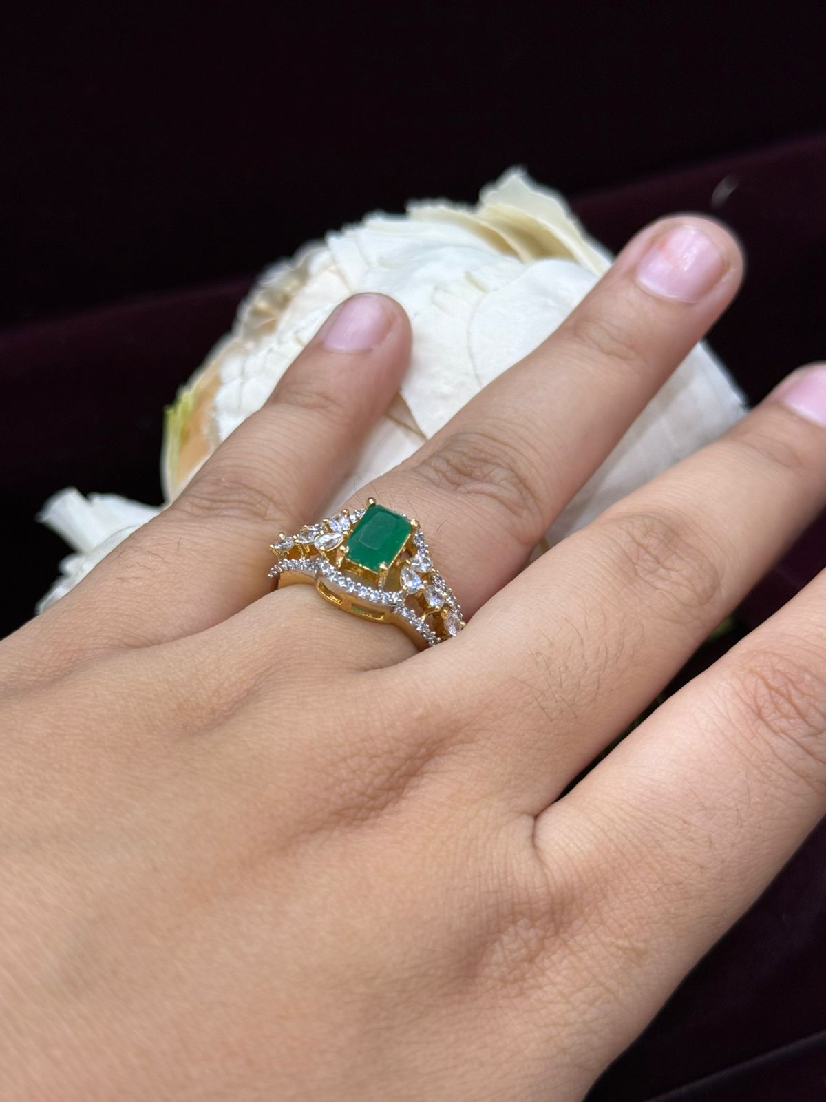 GOLDEN POLISH WITH GREEN STONE AND CZ RING FOR WOMEN