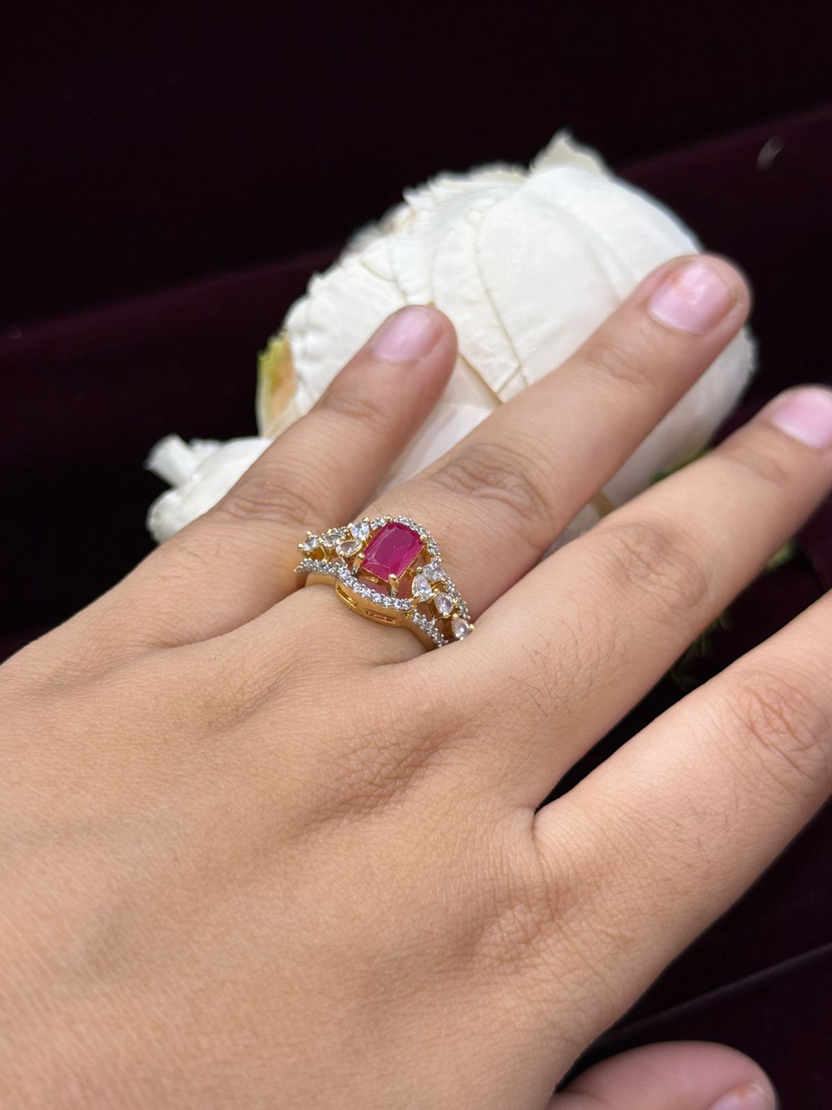 GOLDEN POLISH WITH PINK CZ STONE RING FOR WOMEN