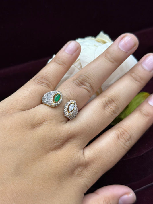 UNIQUE SHAPE WITH GOLDEN POLISH GREEN & WHITE STONE RING