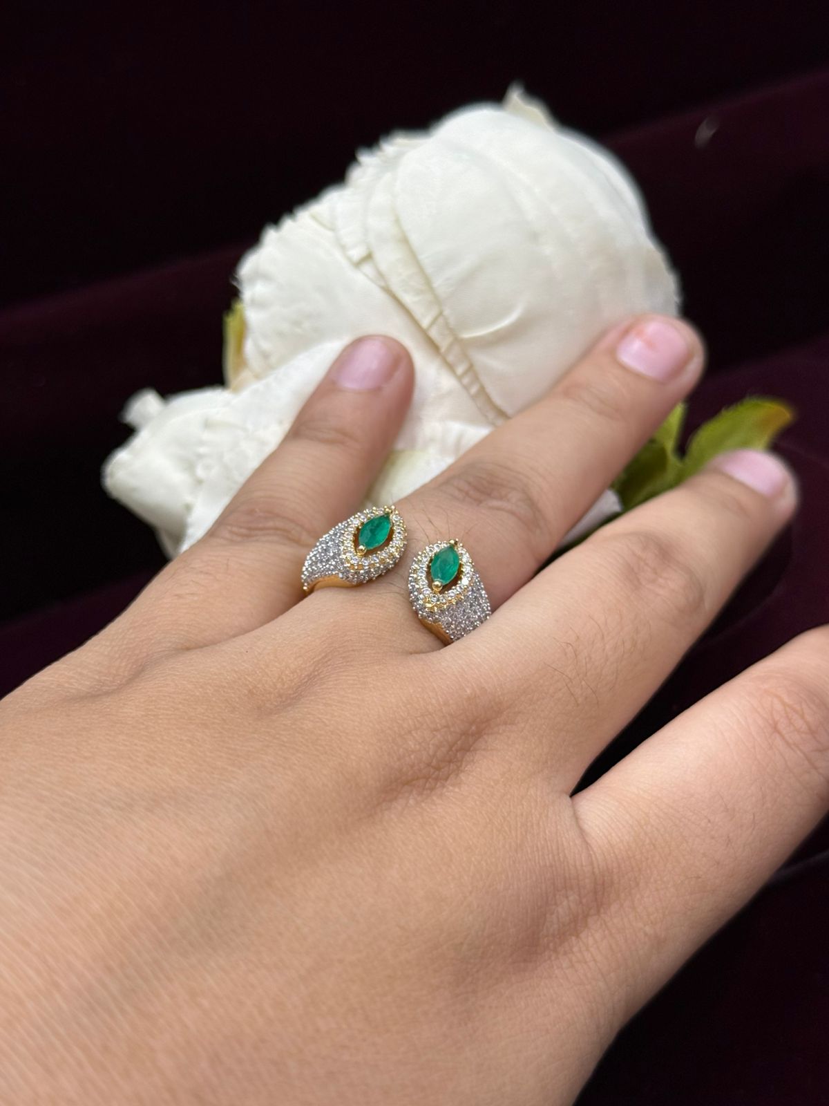 UNIQUE SHAPE WITH GOLDEN POLISH GREEN STONE RING