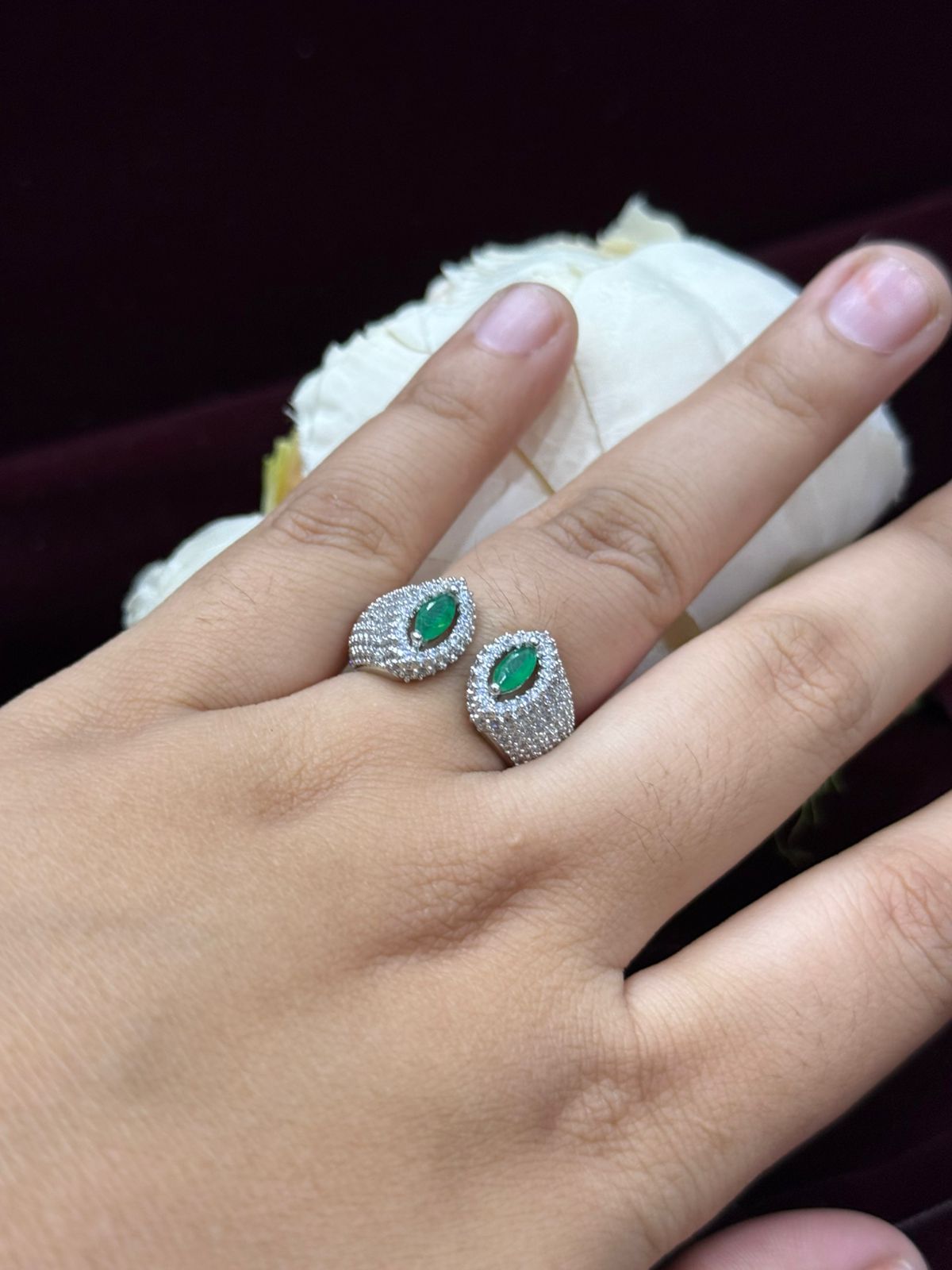 UNIQUE SHAPE WITH SILVER POLISH GREEN STONE RING