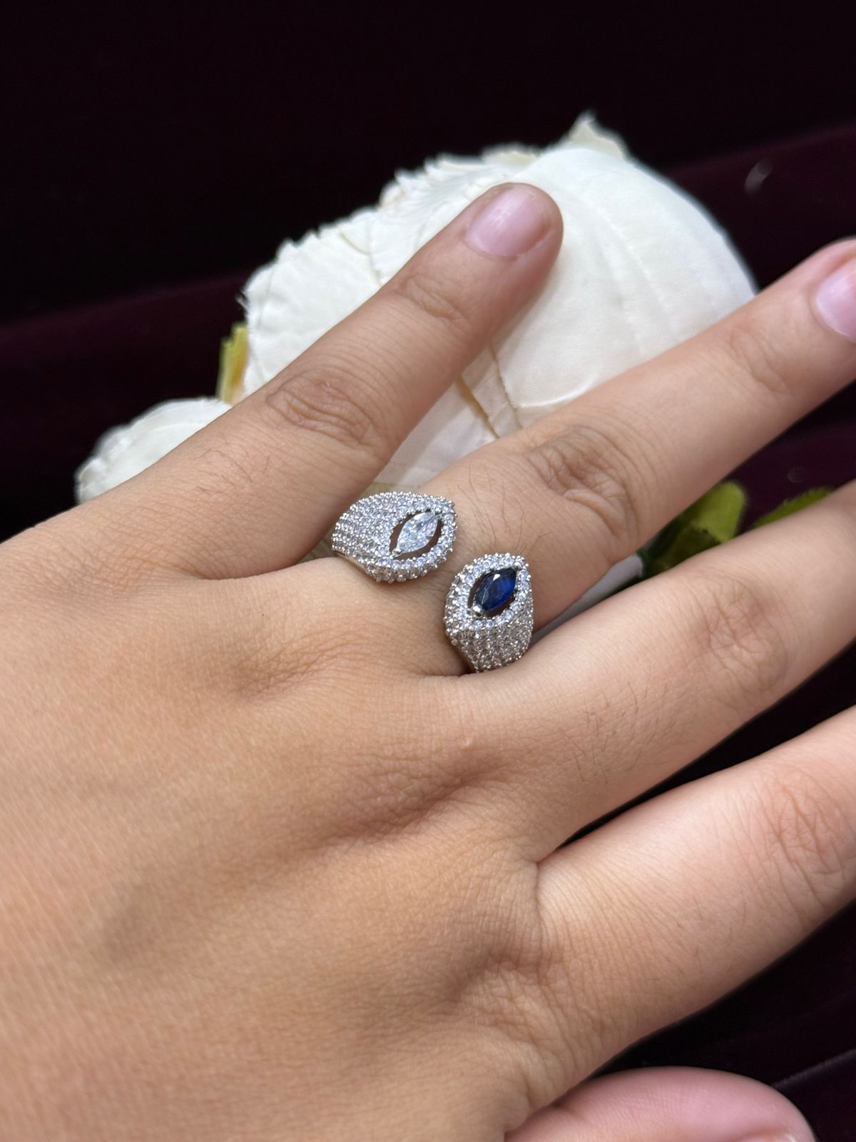 UNIQUE SHAPE WITH SILVER POLISH BLUE AND WHITE  STONE RING