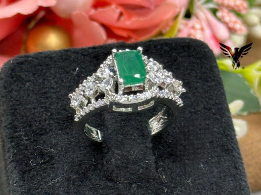 GREEN CZ STONE DIAMOND WITH SILVER POLISH RING FOR WOMAN