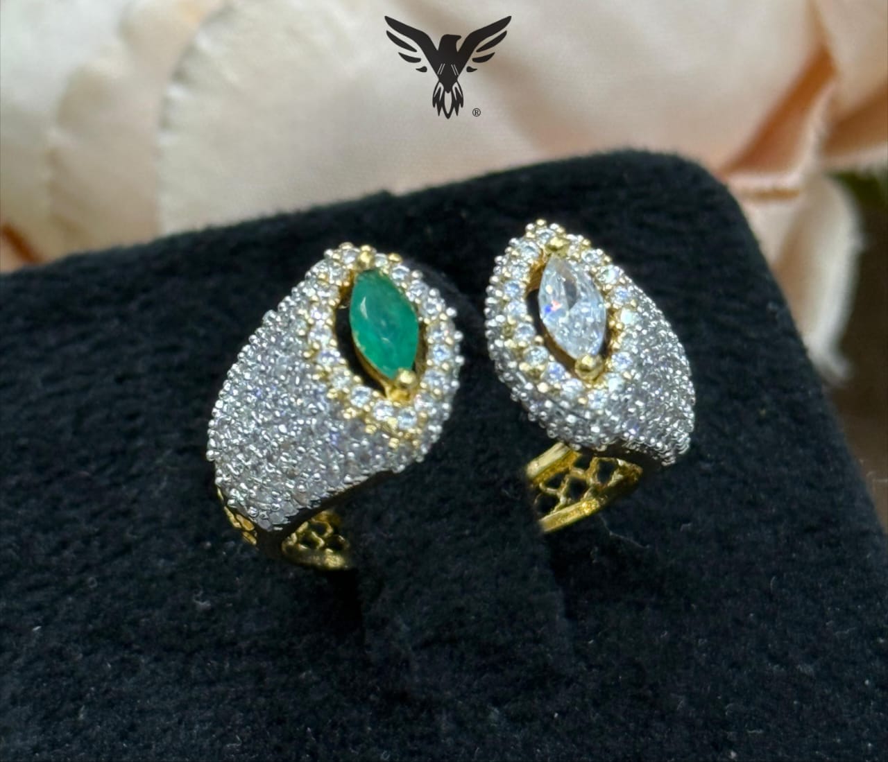 UNIQUE SHAPE WITH GOLDEN POLISH GREEN & WHITE STONE RING