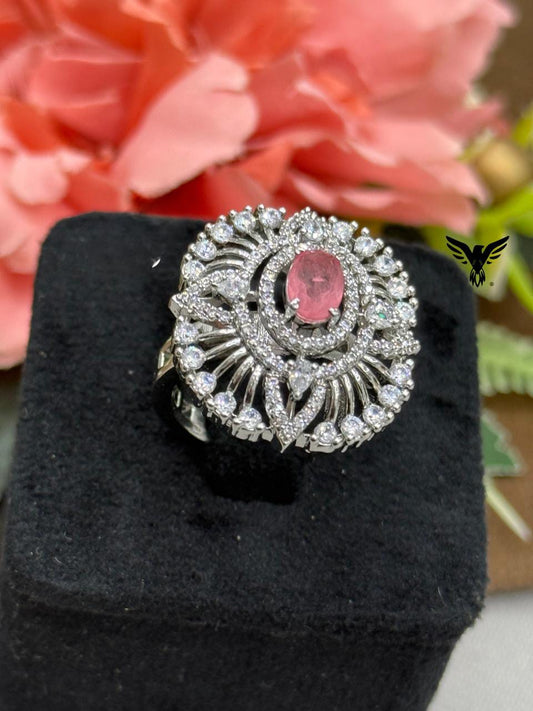 ELEGANT PINK CZ STONE WITH SILVER POLISH RING FOR WOMEN