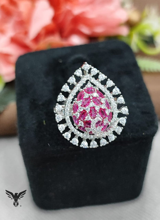 LEAF SHAPE PINK CZ STONE WITH SILVER POLISH RING FOR WOMEN