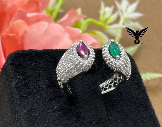 UNIQUE SHAPE WITH SILVER POLISH GREEN AND PINK STONE RING