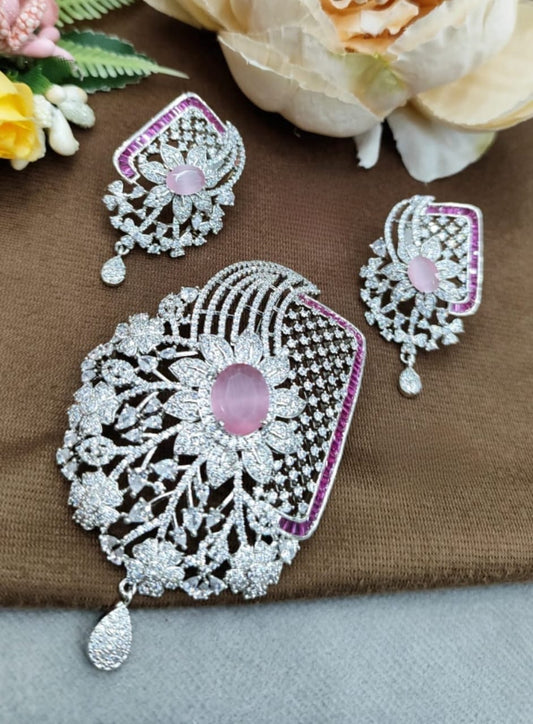 ELEGANT PINK AMERICAN DIAMOND PENDANT SET FOR WOMEN WITH SILVER POLISH