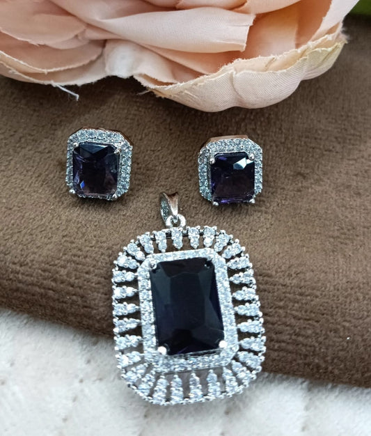 SILVER POLISH WITH BLACK AD STONE PENDANT SET FOR WOMEN