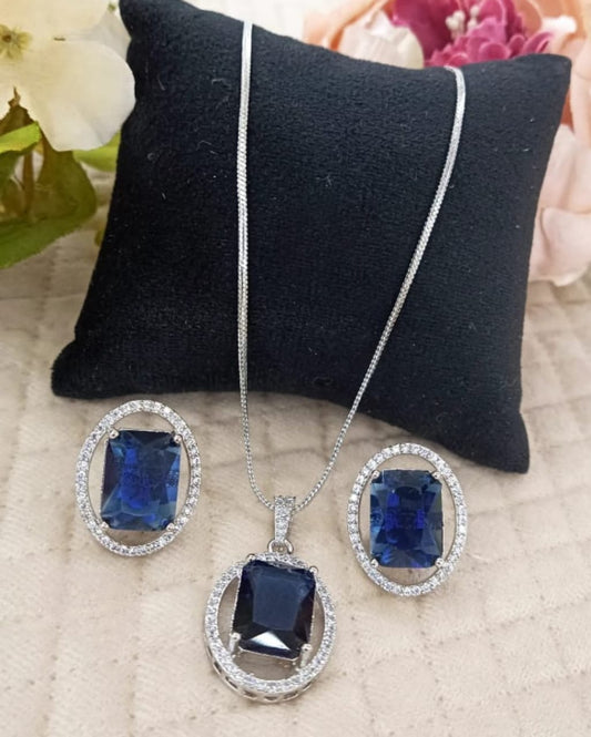Silver Plated  Blue Stone Pendant & Studs Set for Women