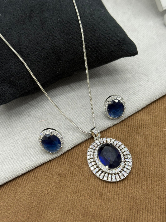 BEAUTIFUL OVAL SHAPE BLUE CZ STONE PENDANT SET FOR WOMEN
