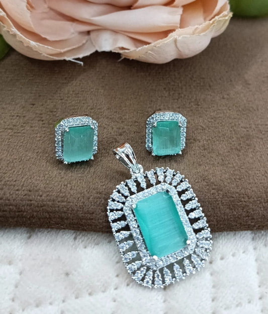 SILVER POLISH WITH MINT AD STONE PENDANT SET FOR WOMEN