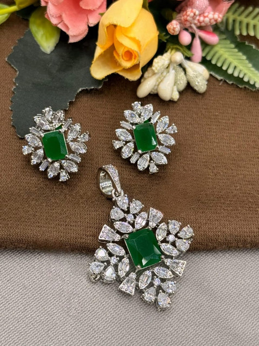 Elegant Green Emerald Cut Pendant & studs with Sparkling CZ Stones
