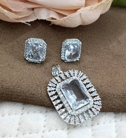 SILVER POLISH WITH WHITE AD STONE PENDANT SET FOR WOMEN
