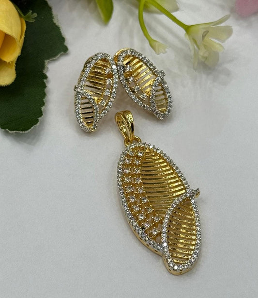Gold Plated Leaf Design Pendant & studs Set with Sparkling CZ Stones
