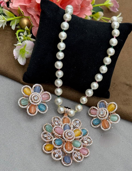 Multicolor Stone Floral Pendant & studs Set with Pearl Beaded Chain