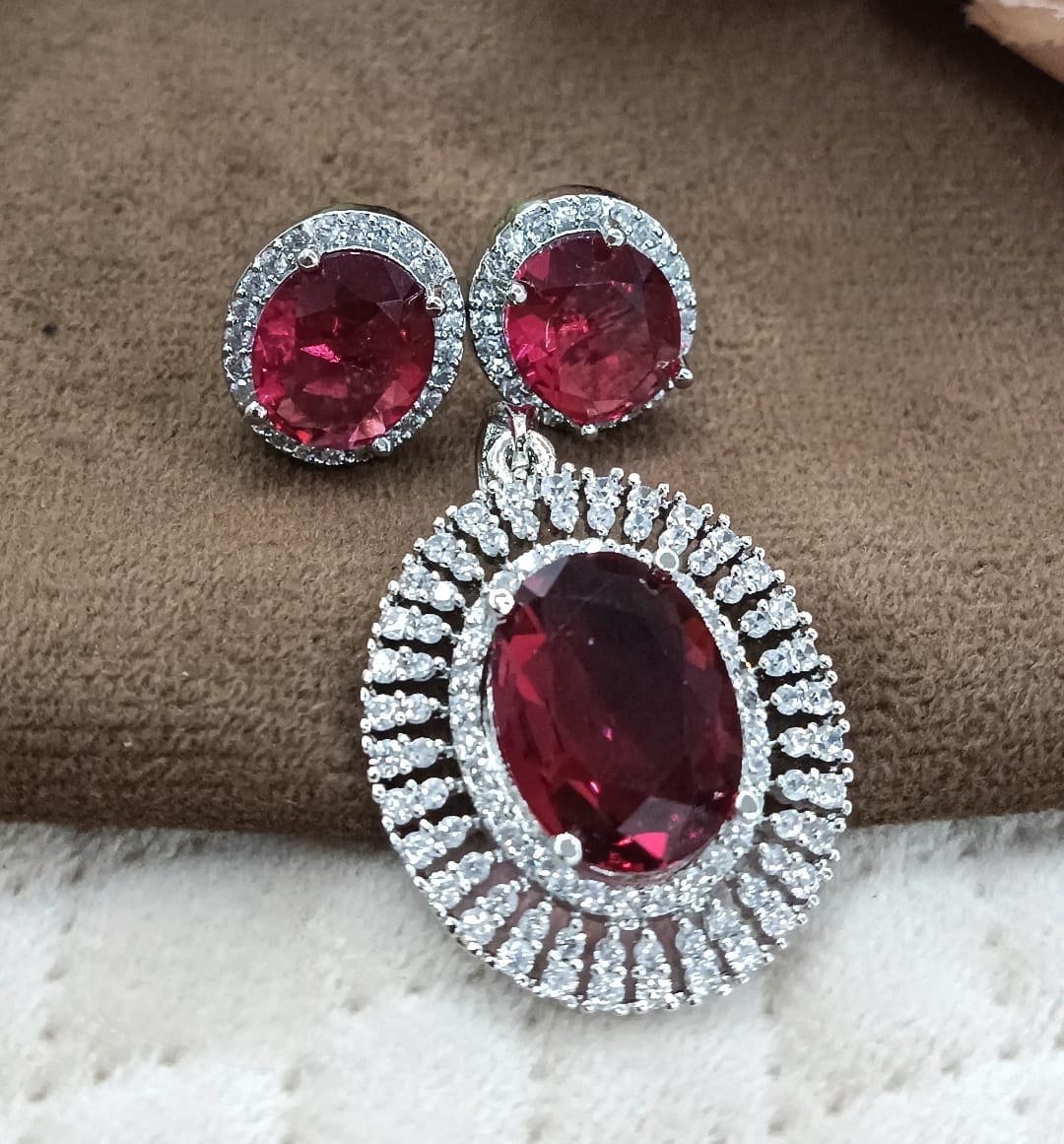 BEAUTIFUL OVAL SHAPE RED CZ STONE PENDANT SET FOR WOMEN