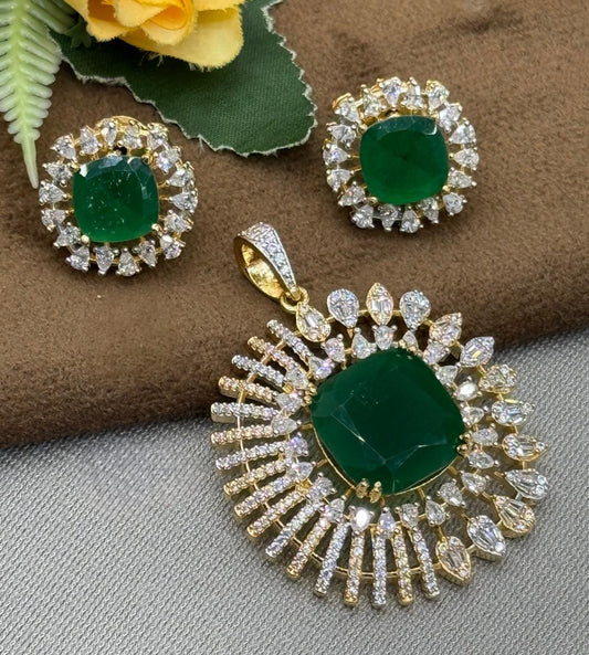 Elegant Green Stone Pendant & studs Set with Sparkling CZ Halo