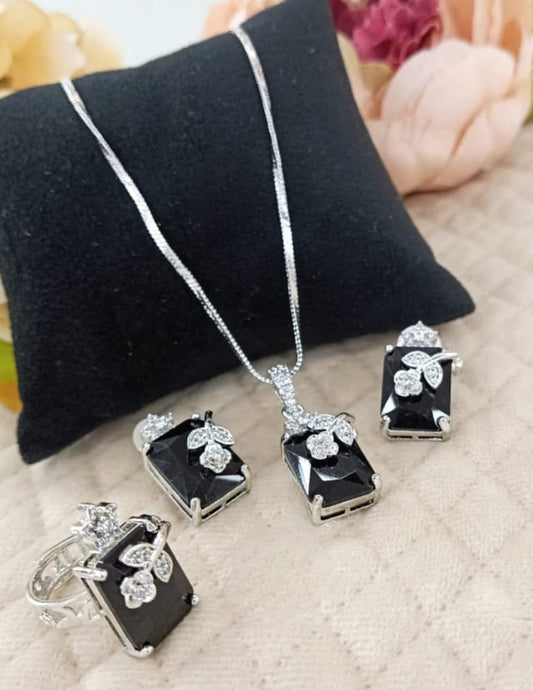 Black Stone Pendant, studs & Ring Set with CZ Floral Accents
