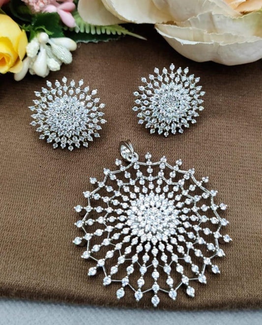Sparkling CZ Sunburst Pendant Set with studs for women and girls