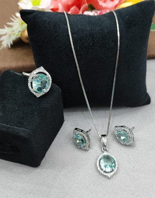 Elegant Aqua Blue CZ Pendant Set ,studs & Ring with Halo Design