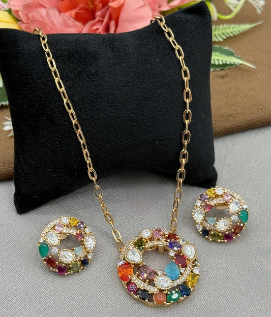 MultiColor CZ Round Pendant Set with Matching Earrings